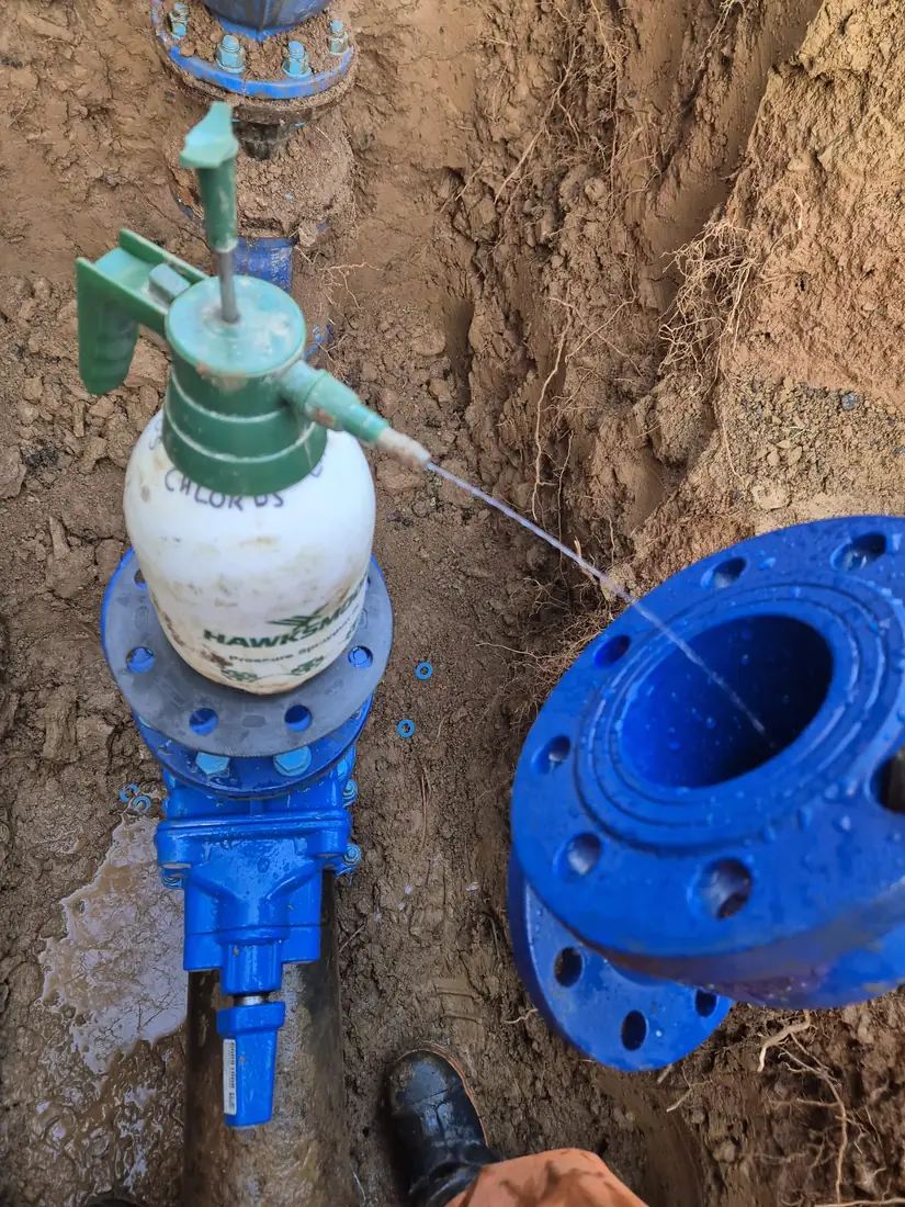 Pressure-testing and chlorination of a new water main